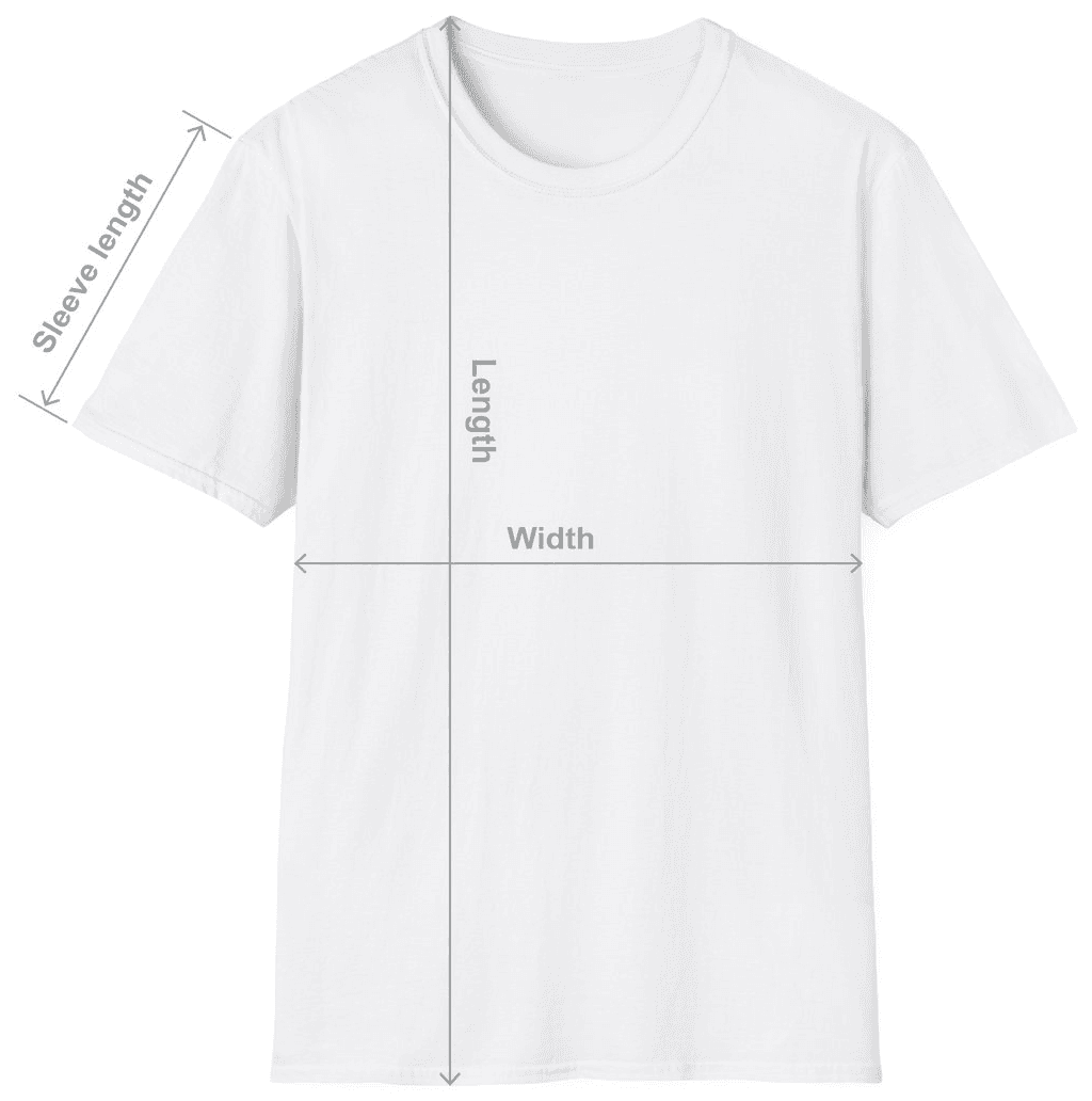T-shirt diagram showing where width, length, and sleeve length are measured